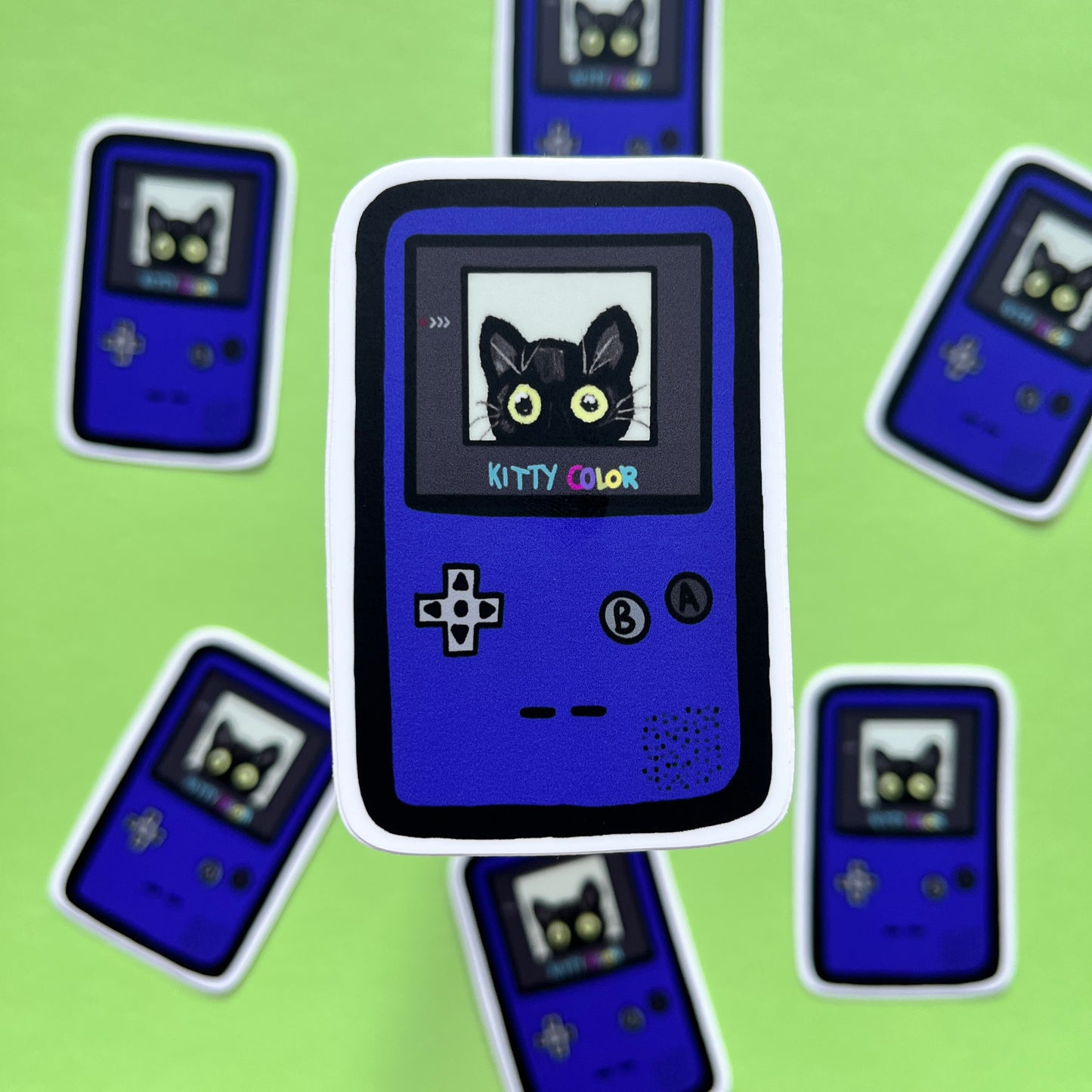 Kitty Color, Black Cat (Gameboy Illustration) Sticker, yellow, teal