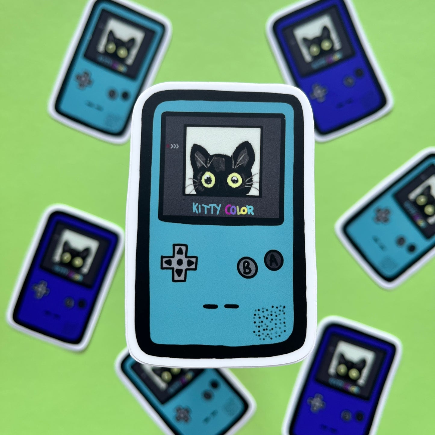 Kitty Color, Black Cat (Gameboy Illustration) Sticker, yellow, teal