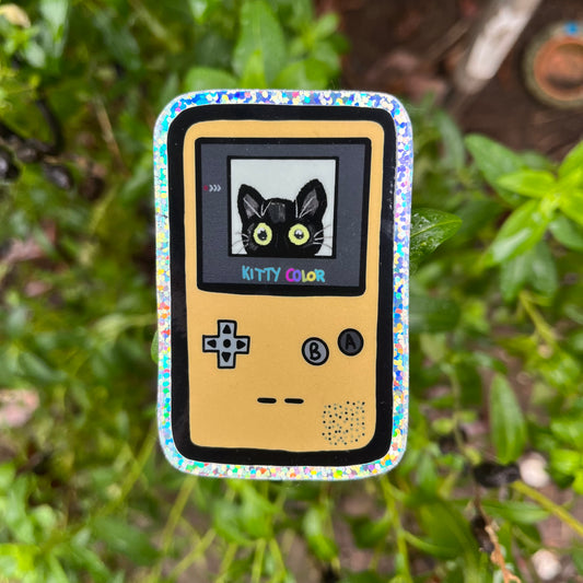 Kitty Color, Black Cat (Gameboy Illustration) Sticker, yellow, teal