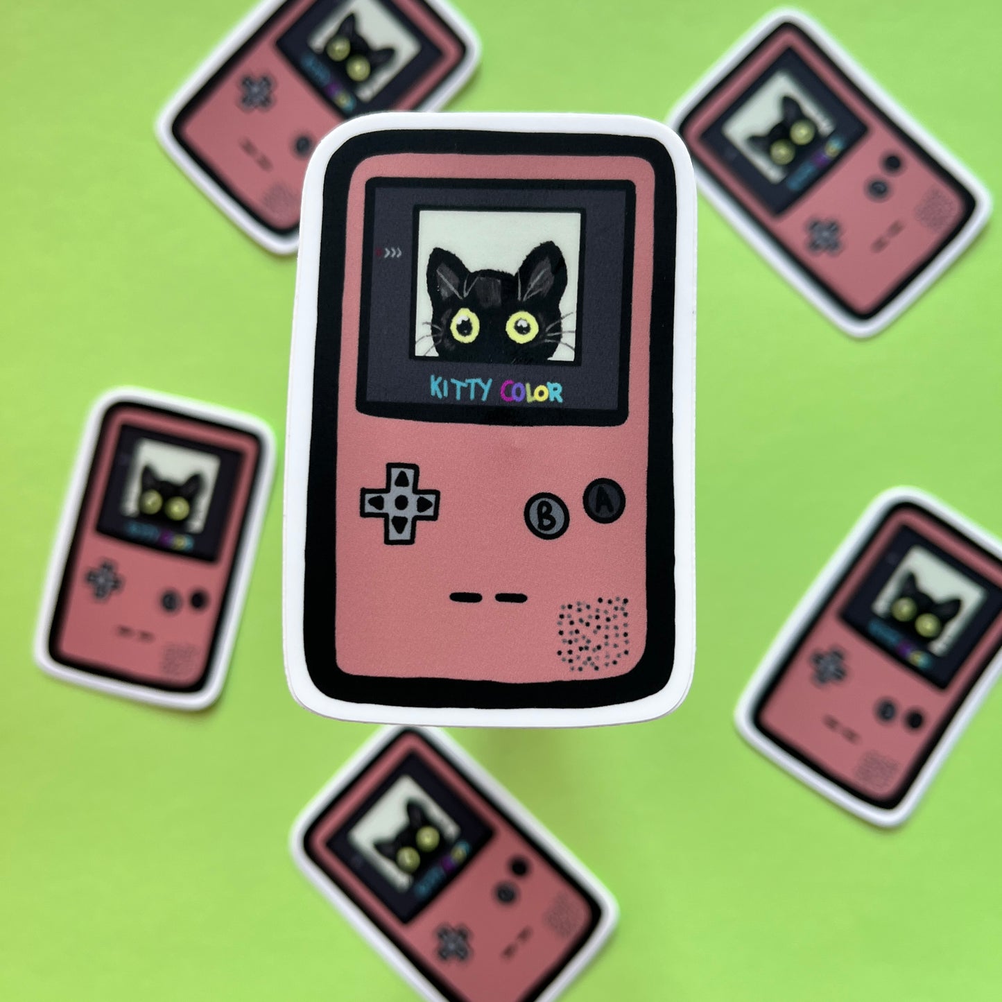 Kitty Color, Black Cat (Gameboy Illustration) Sticker, yellow, teal